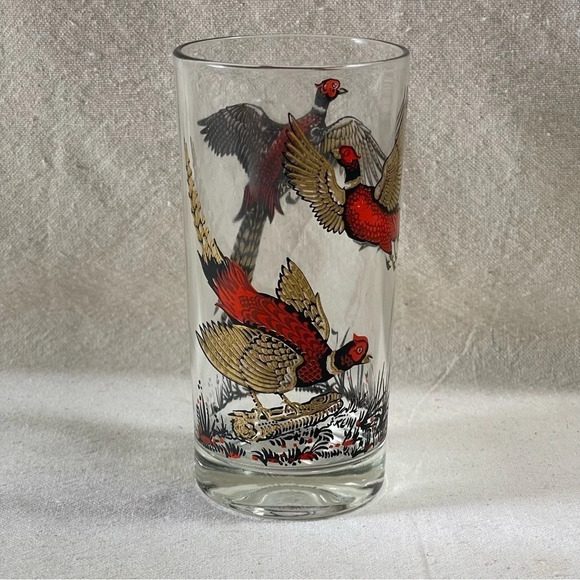Vntg Libbey Highball Glass Red Ring Neck Pheasants Hunting Barware Game Bird - Picture 2 of 8